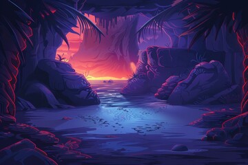 Fototapeta premium Bioluminescent Beach at Sunset in a Rocky Tropical Cave