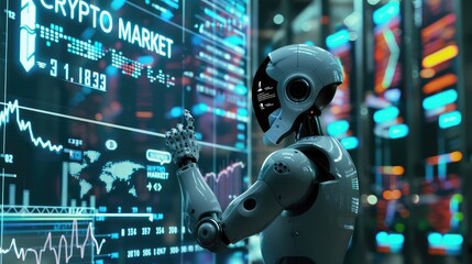 A futuristic robot observes the volatile fluctuations of the crypto market on a large digital screen