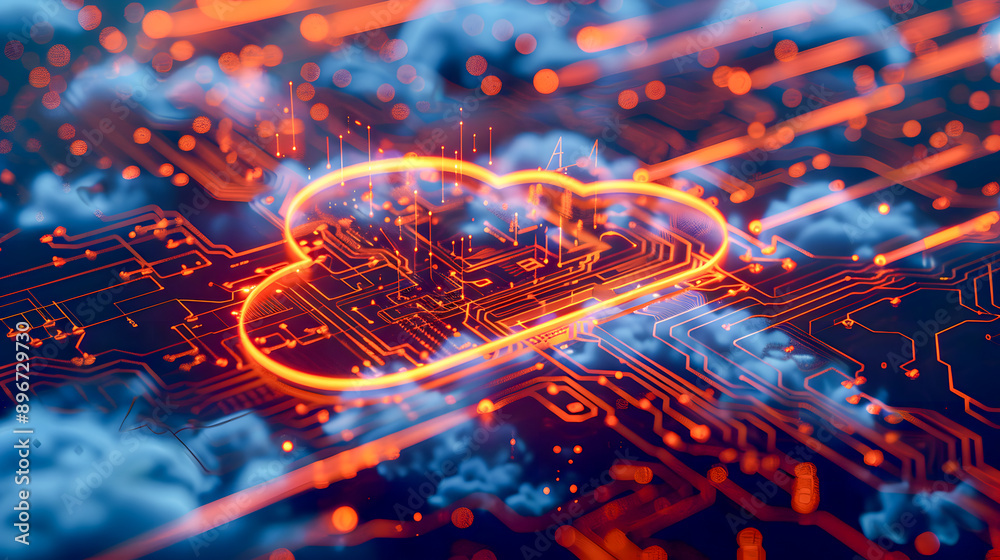Poster digital informational technology web futuristic hologram with cloud icon, blue golden light digits a