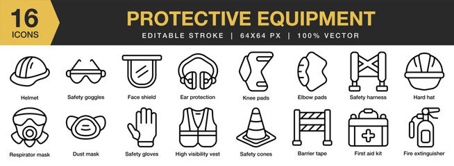 Protective Equipment icon set. Editable Stroke Icon Collection. Includes barrier, dust mask, elbow pads, safety harness, helmet, and More. Outline icons vector collection.
