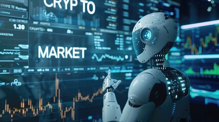 A white robot with a blue eye interacts with a digital screen displaying a cryptocurrency market graph and the words Crypto Market