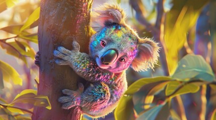 A whimsical koala with holographic fur hanging from a surreal, dreamlike tree.