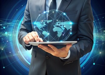 businessman holding tablet with network
