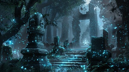 An ancient temple with bioluminescent carvings and glowing pathways creating a mystical and enchanting atmosphere.