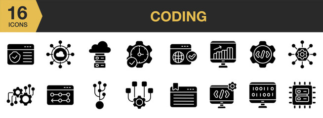 Coding icon set. Includes cloud network, online database, time program, version control, analysis report, and More. Solid icons vector collection.