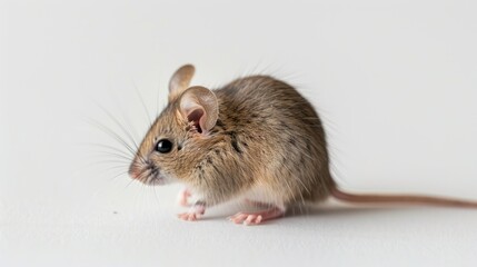 House mouse Mus Musculus with raised tail facing away on white background