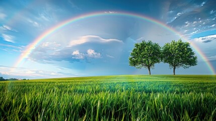 Naklejka premium Rainbow Over Lush Meadow