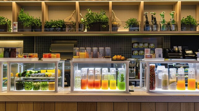 A cold-pressed juice bar with fresh beverages stored in a modern, organized storage area.