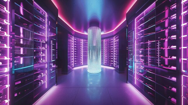 A futuristic wine cellar featuring holographic vintage displays and glowing tasting areas.