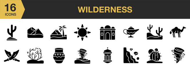 Wilderness Glyph icon set. Includes cactus, oasis, sun, mosque, camel, desert, oil lamp, and More. Solid icons vector collection.