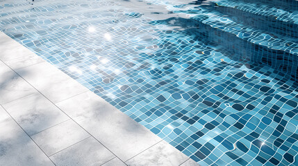Obraz premium A blue tiled swimming pool with rippling water and a light grey tiled edge, background