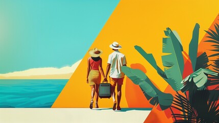 Obraz premium person on the beach, travel poster, traveler, summer vacation, trip, palm tree