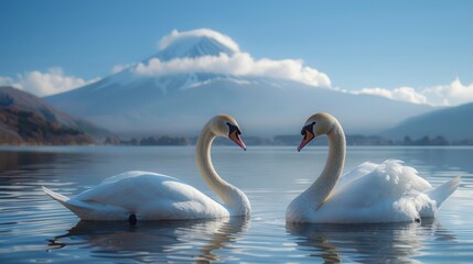 Obraz premium Beautiful swans pair up in the lake with fuji moutain background