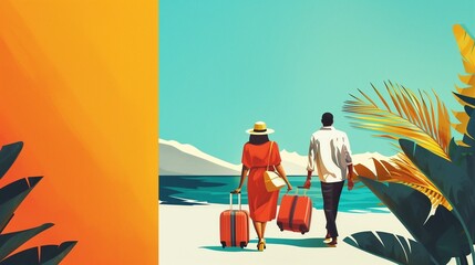Obraz premium person on the beach, travel poster, traveler, summer vacation, trip, palm tree