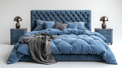 Blue tufted headboard bed with matching pillow.