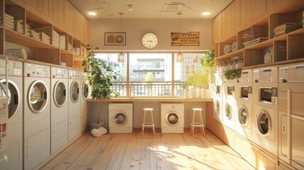 A laundromat with coin-operated washing machines, neatly arranged, looks clean and inviting.