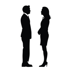 Silhouettes of a man and woman in business attire facing each other.