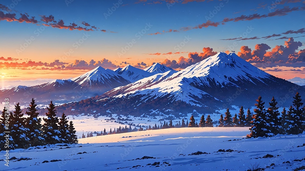 Canvas Prints mountains with snowy slopes sunset background design cartoon anime illustration