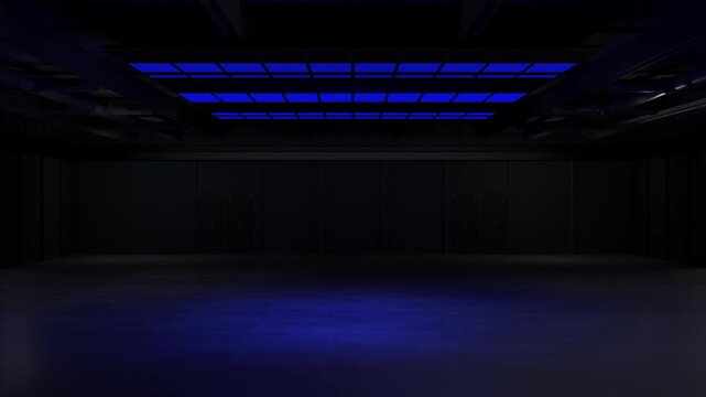 Motion Empty hall exhibition with light.The backdrop for stands, booth,Display,trade show.Conversation for event.Big room for entertainment,event,sports,gym.3d Background for online.4K Loop.3d render.