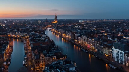Fototapeta premium Aerial View of a European City at Twilight
