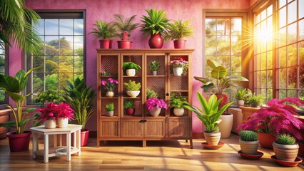Richly varnished wooden showcase displays vibrant pink plants amidst subtle decorative accents in a serene, sunlit interior setting.