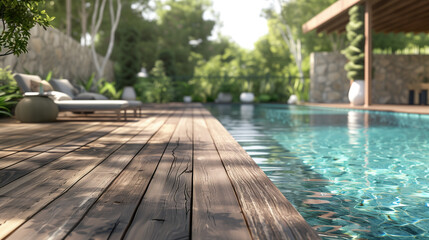A close-up of a wooden deck overlooking a swimming pool on a sunny day, blurred