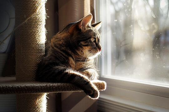 Cat and scratching post in the house. Pet in a cozy atmosphere. The cat looks at the windows.