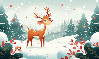 Obraz premium Christmas postcard with cute deer on winter snow forest. Happy Christmas or New Year greeting card or poster with funny reindeer. Children flat cartoon illustration