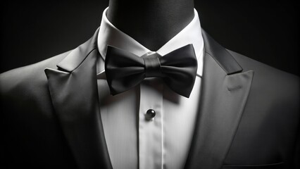 Luxurious black background highlights sophisticated white dress shirt and elegant black bow tie, evoking refinement and high-end sophistication.