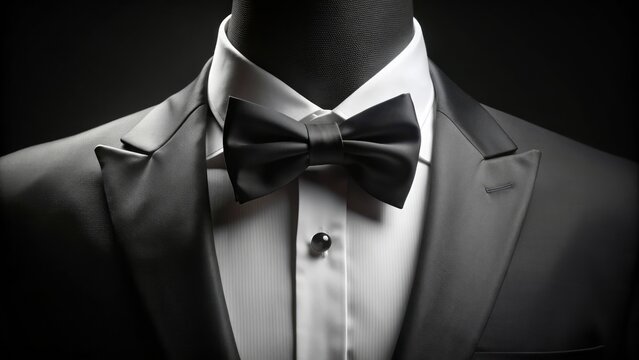Luxurious black background highlights sophisticated white dress shirt and elegant black bow tie, evoking refinement and high-end sophistication.