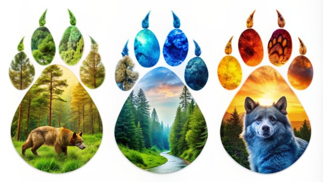 Wildlife footprint icons in vibrant colors, featuring dog, wolf, and bear tracks in various environments, symbolizing wildlife presence.