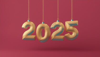 Dangling 3d golden text new year 2025 with red background