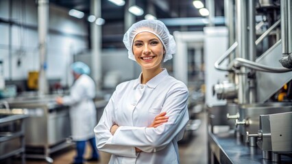 Confident female food factory manager in crisp sterile uniform, hair net, and arms crossed, smiling directly at the camera.