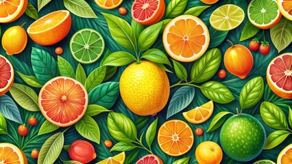 Vibrant citrus fruits and lush leaves form a seamless pattern, perfect for advertising refreshing drinks, cosmetics, and kitchen accessories.