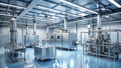 Modern 3D illustration of a sterile pharmaceutical manufacturing facility with automated cleanroom HVAC systems and advanced equipment for process validation.