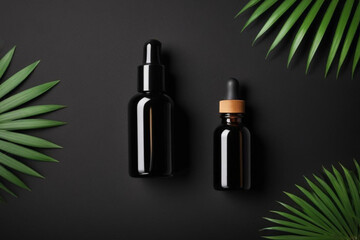 Set of luxury cosmetic products on black background top view