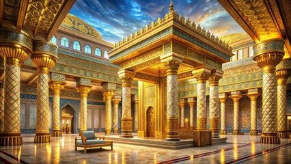 Ancient ornate Middle Eastern temple with golden treasures, intricate mosaics, and majestic pillars, evoking wisdom and prosperity of King Solomon's reign.