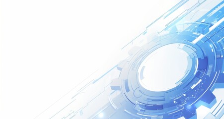Obraz premium Vector Tech Banner with Blue and White Gear Elements on Left Side, High-Resolution Digital Art, Empty Center Space for Text, Tech Gradient Background