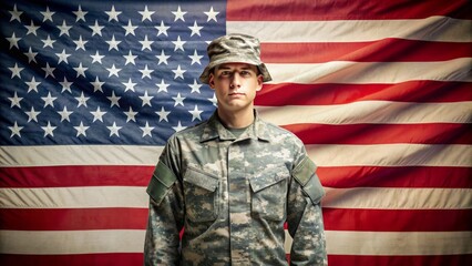 Superimposed image of American flag and subtle military uniform outline on blended patriotic background with subtle stars and stripes.