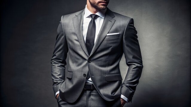 Luxurious high-contrast background features a crisp charcoal gray suit jacket and trousers, evoking sophistication and executive professionalism.