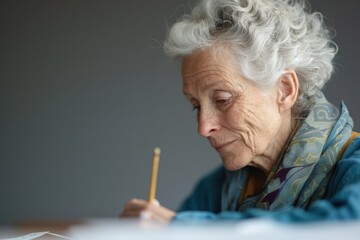 Serene Senior Woman Engaged in Calligraphy, Pursuing Artistic Passtime during Retirement