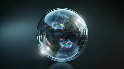 3D Visualization of a Holographic Effect on a Transparent Glass Sphere Bubble Against a Dark Background