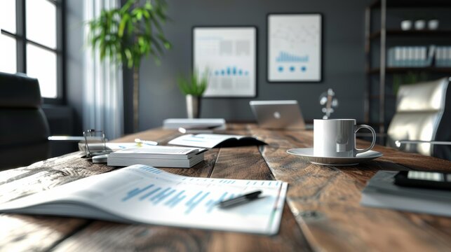 Quarterly reports spread on table in office, management project, budget planning, financial concepts.