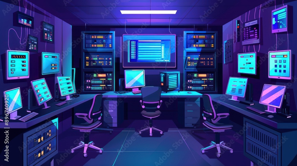 Wall mural Server Room: A Cartoon Illustration of a High-Tech Network Center