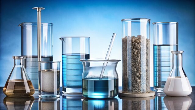 Laboratory equipment and glass containers with various mineral deposits illustrating high to low levels of water hardness measurement.