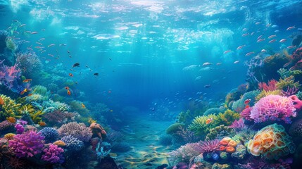 Naklejka premium Vibrant Underwater Coral Reef with Sunbeams