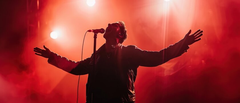 A silhouette of a singer performing on stage. AI.