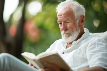 Serene Senior Man Enjoying Quiet Retirement Reading Hobby