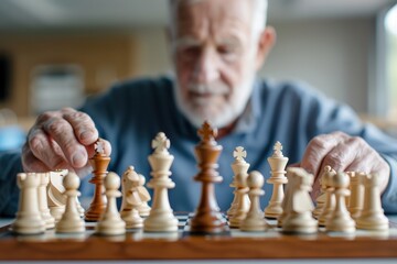 Strategic Recreation: Senior Man Engaged in a Chess Match, Retirement Leisure Activity