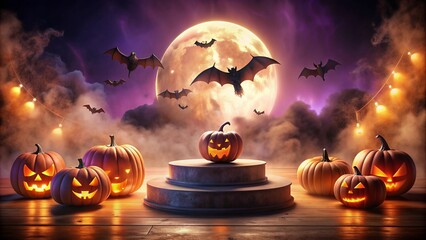 A podium set on a dark floor, surrounded by pumpkins and bat silhouettes. The background features a smoky, fog-filled night scene with purple and orange hues. The podium is ideal for Halloween